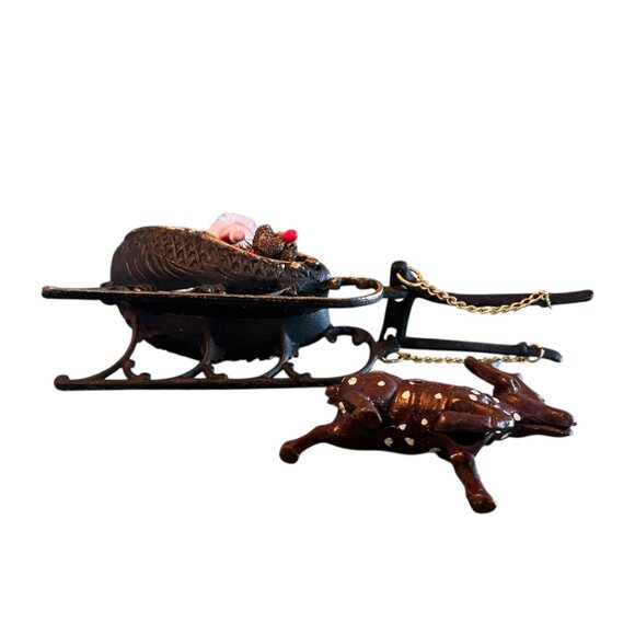 Vintage Cast Iron Metal Christmas Sleigh Reindeer And Santa Assemblage Decor - Picture 11 of 11